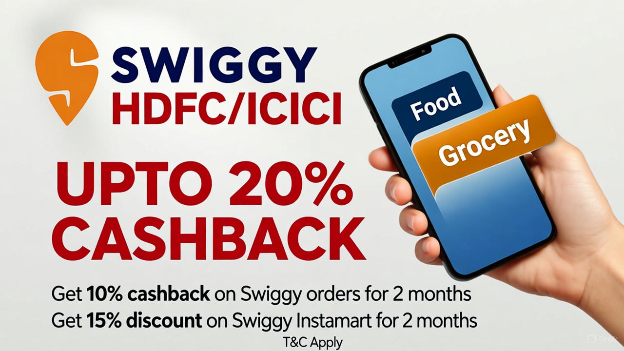 Swiggy food and grocery cashback offers with HDFC and ICICI bank cards.